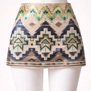 Express Beige Mini Skirt with Navy, Green and Gold Sequin Embroidery
